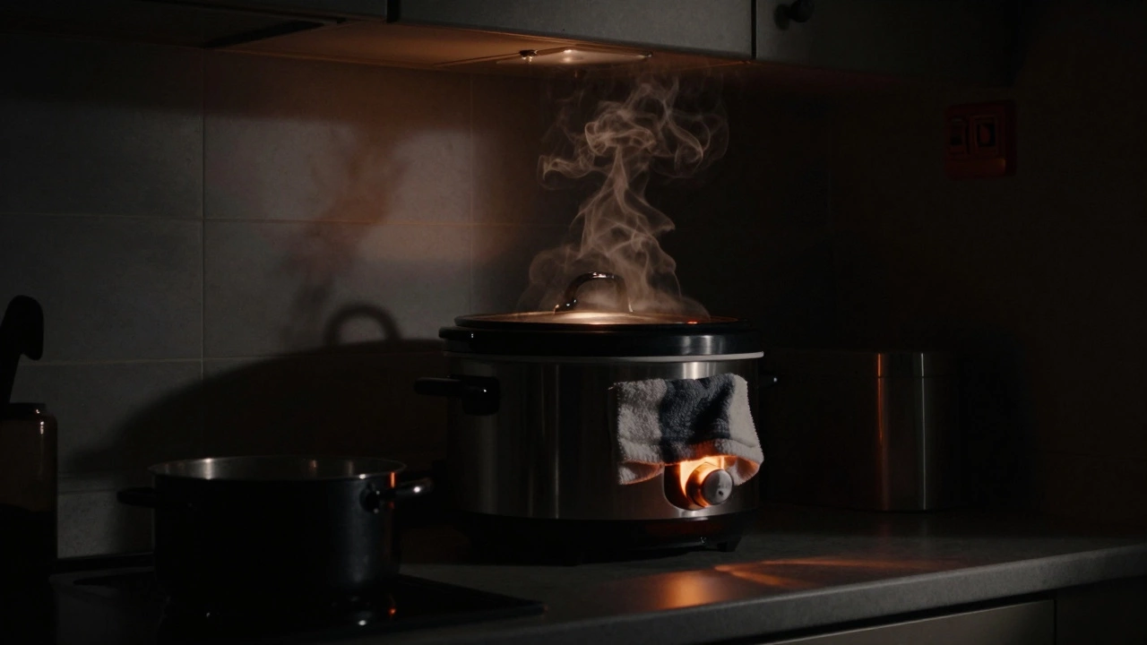 Smoldering tea towel under slow cooker at night, smoke rising in a dark kitchen.