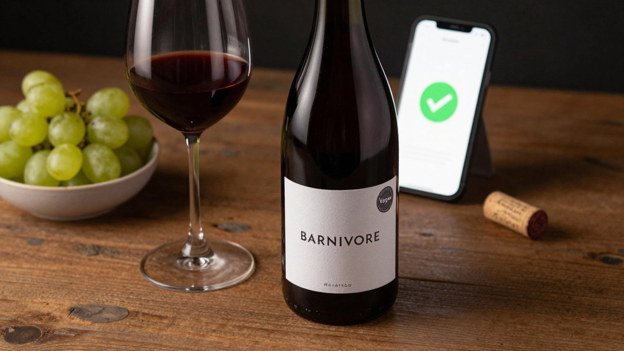 Vegan-certified wine bottle beside a glass of red wine, with smartphone showing vegan app.