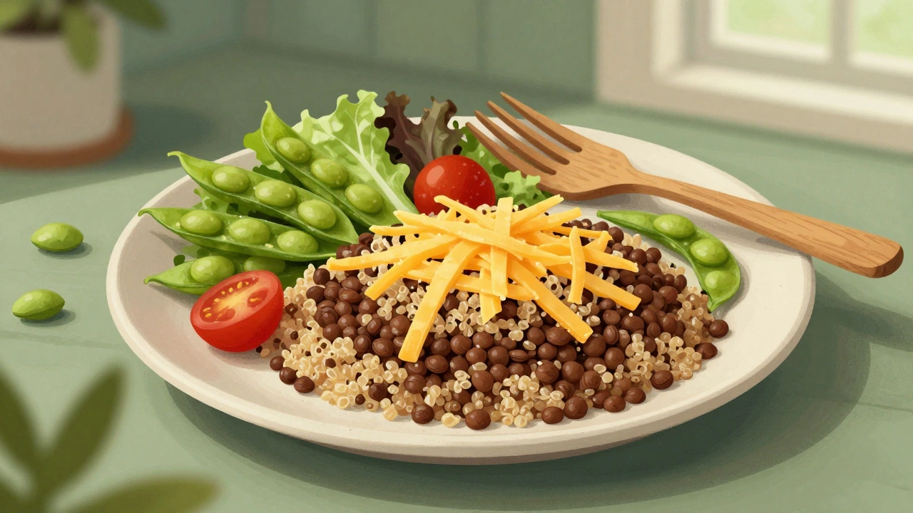 Vegetarian lunch plate with lentils, quinoa, cheese, and edamame on a wooden table