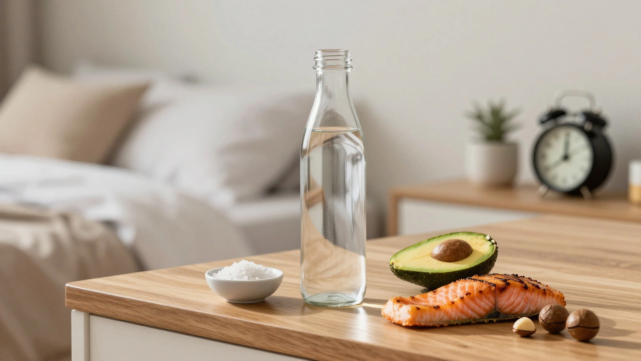 A glass of water and sea salt beside healthy keto foods like avocado and salmon.