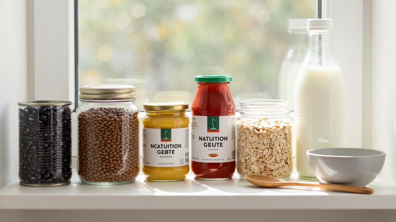 A neatly organized vegan pantry with canned beans, lentils, oats, and plant milk on a wooden shelf.