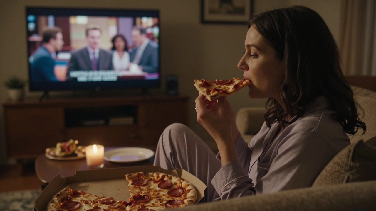A woman enjoying pizza on her couch while watching TV, candlelight casting a warm glow.