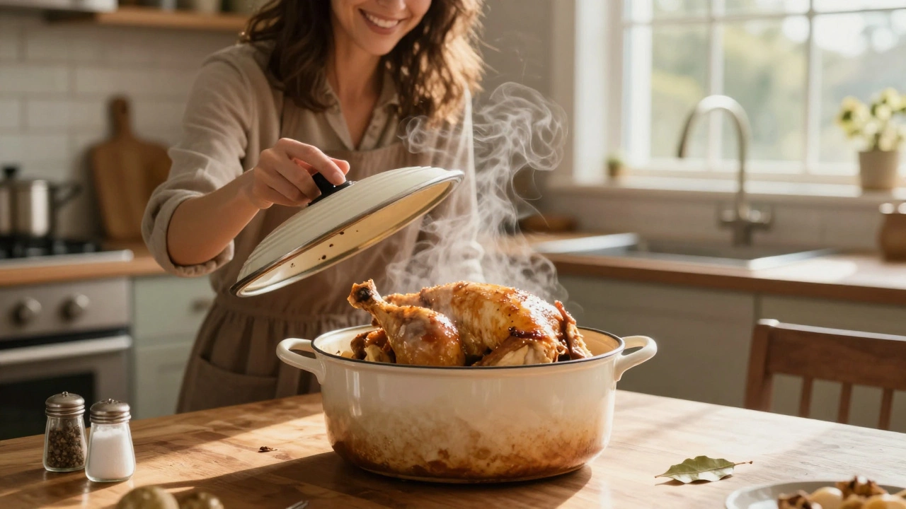 A woman opening a crockpot filled with perfectly cooked chicken in a warm, sunlit kitchen.
