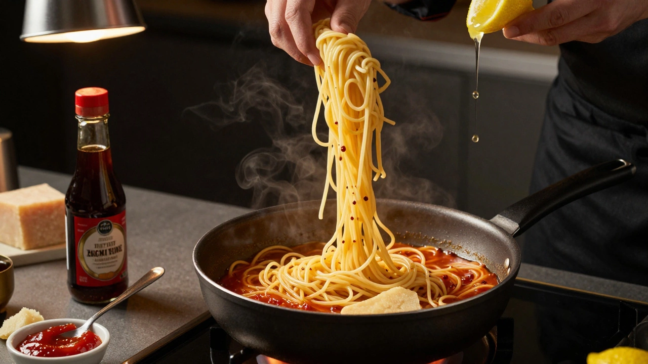 Chef tossing spaghetti in sauce with Parmesan rind, fish sauce, and lemon juice nearby.