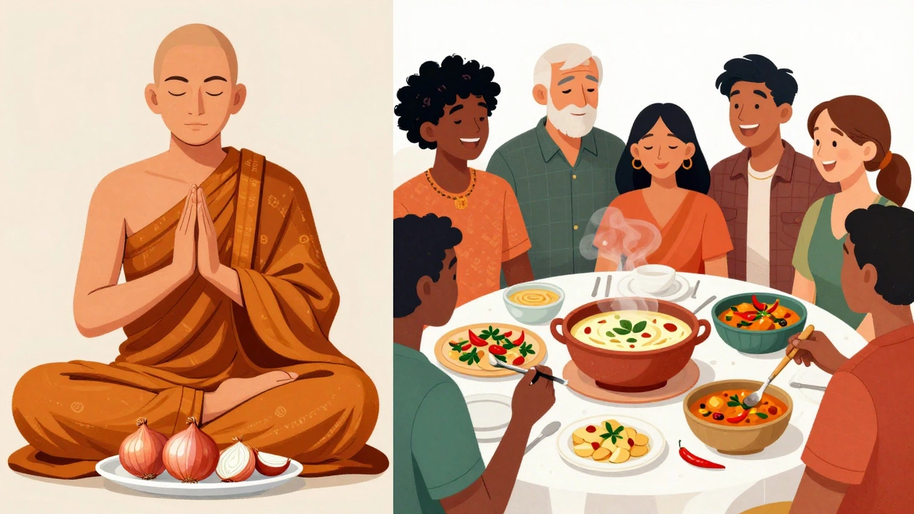 Contrasting images of a Jain monk avoiding onions and vegans enjoying onion-rich meals.