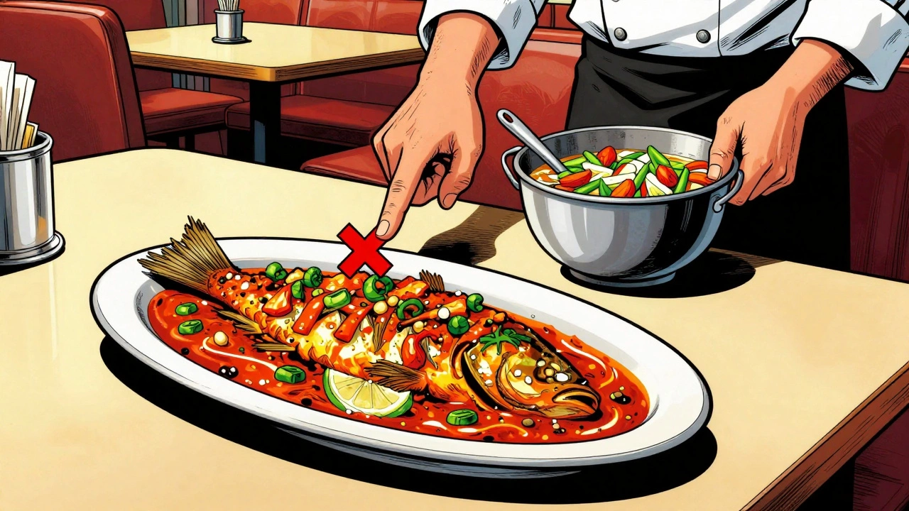Diner pointing at fish dish with red X, vegetarian chili served