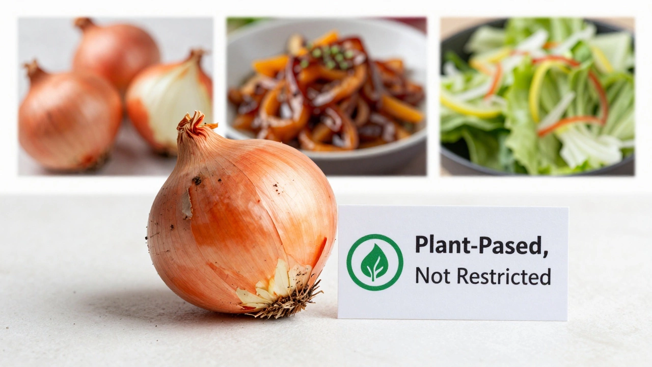 Fresh onion beside vegan certification logo, with blurred recipe images in background.