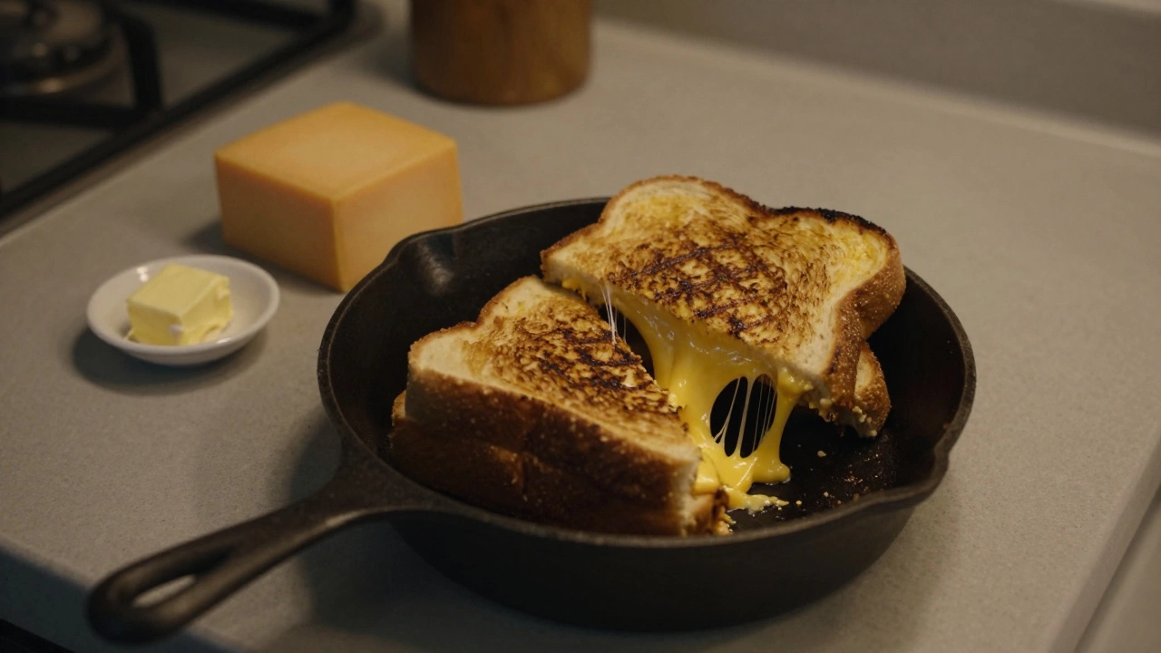Grilled cheese sandwich with melted cheese stretching as it's lifted from a pan.