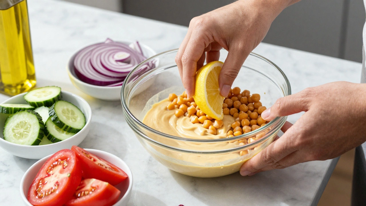 Hands mixing tahini dressing with chickpeas and fresh vegetables on a countertop