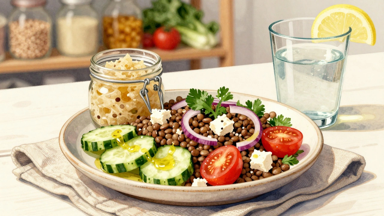 Lentil salad with fresh vegetables and fermented sauerkraut on a rustic ceramic plate.
