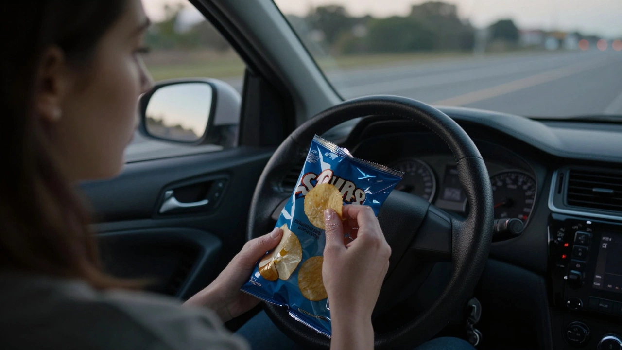 Someone eating potato chips alone in a car at dusk, illuminated by dashboard lights.