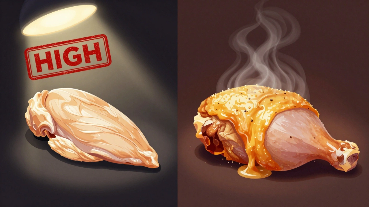 Split image comparing dry high-heat chicken on the left to juicy low-heat chicken on the right.