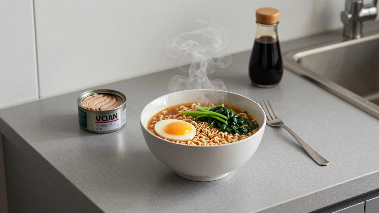Steaming instant ramen with egg and spinach beside tuna can and soy sauce.