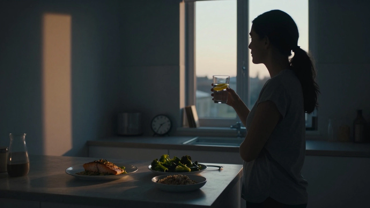 Woman’s silhouette in kitchen at dusk with healthy dinner and glass of lemon water.
