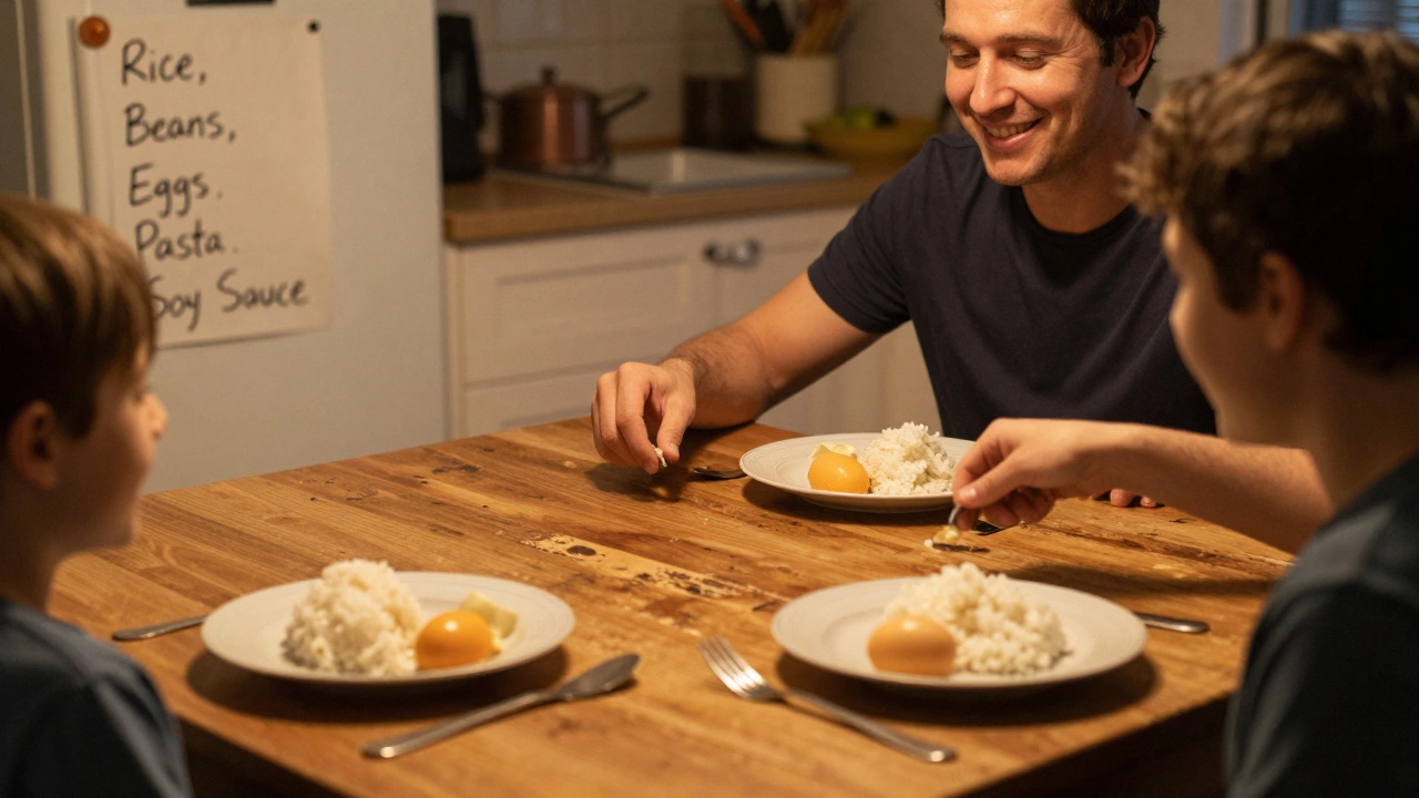 A family eating simple rice and egg meals at a wooden table, with a fridge list visible.