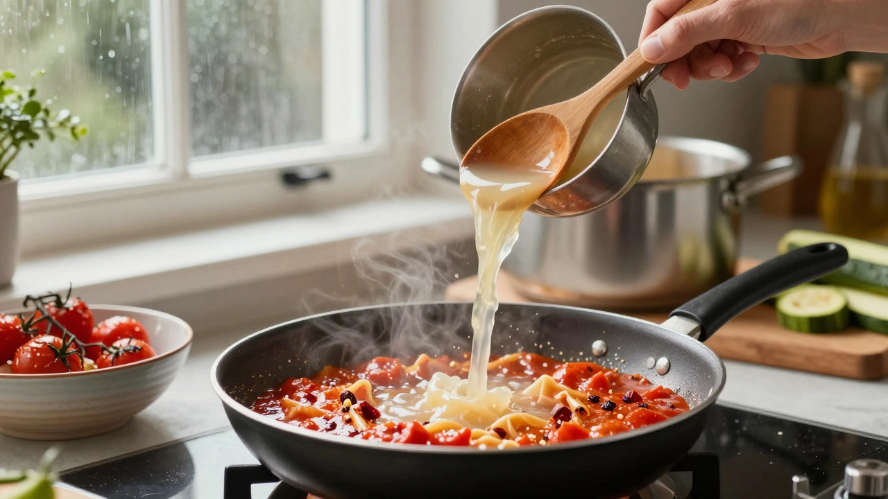 A hand pouring starchy pasta water into a sizzling pan of tomato sauce with garlic and red pepper flakes, steam rising in a cozy kitchen.