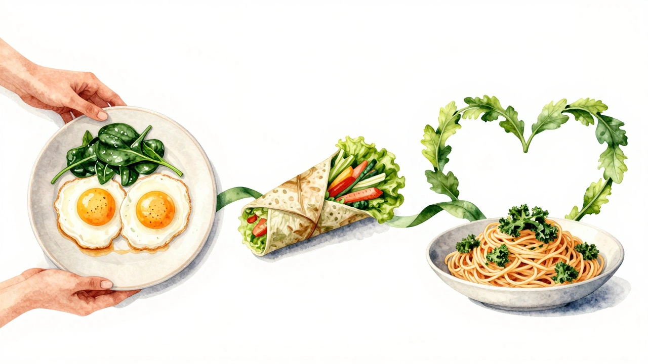 A person's daily meals transformed by leafy greens, connected by a flowing green ribbon forming a heart.