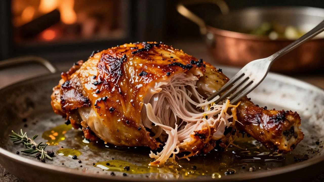 A tender chicken thigh with crackling skin being pulled apart by a fork.