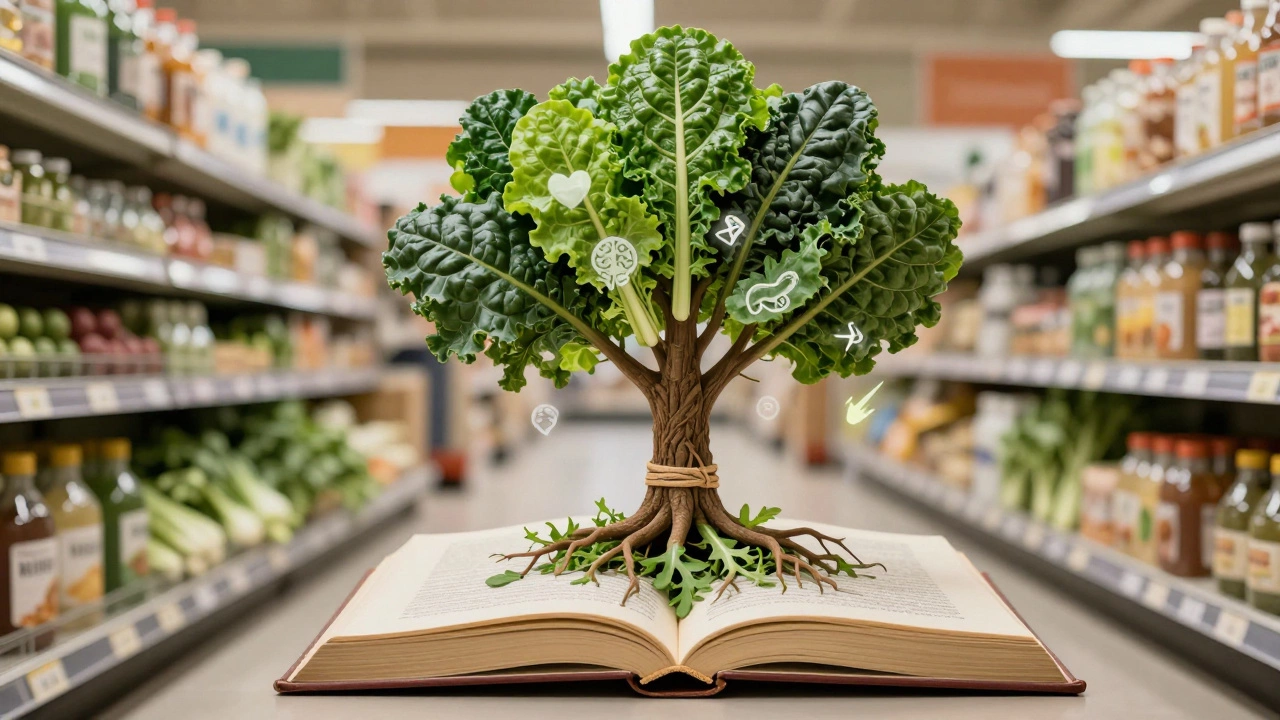 A tree growing from an open book, its leaves made of dark greens, with health symbols floating among them.