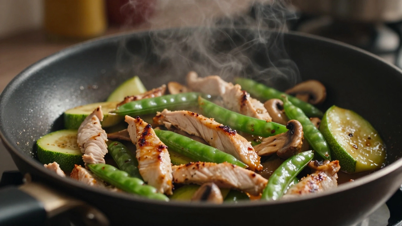 Close up of chicken and vegetable stir fry cooking in a pan