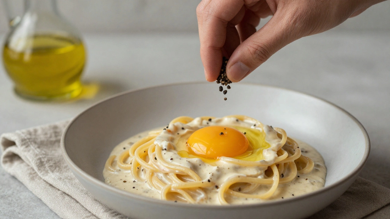Freshly ground black pepper being sprinkled over glossy pasta with egg yolk sauce swirling gently.