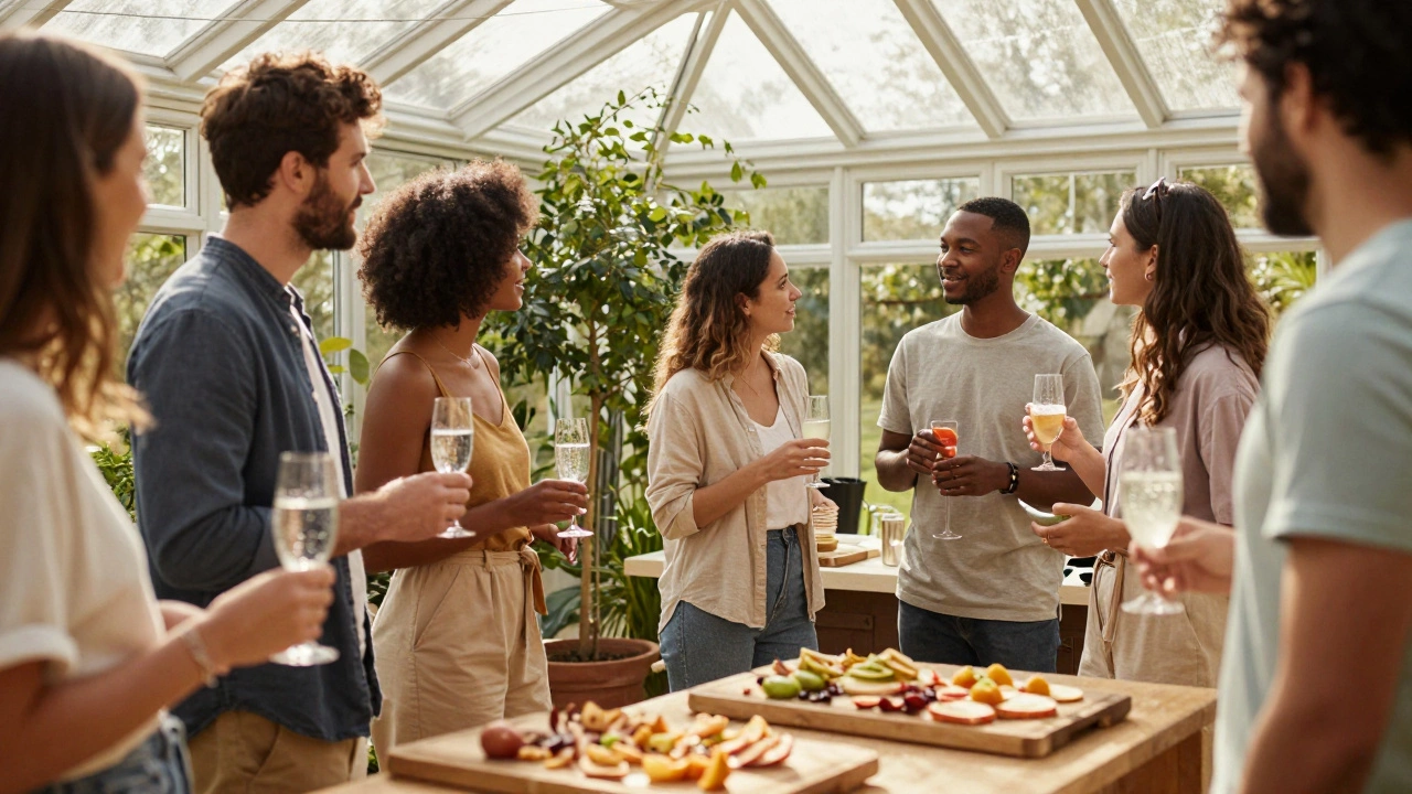 Friends mingling in a sunlit room with finger food platters nearby.