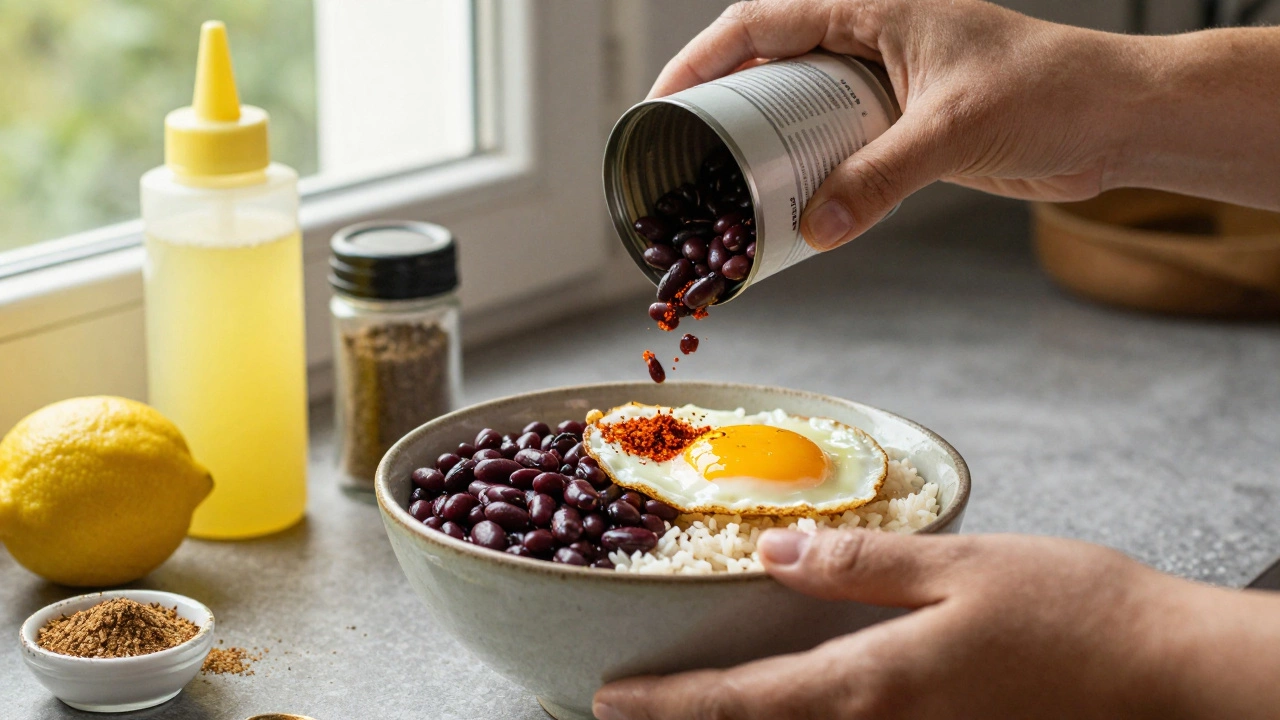 Hands pouring beans over rice with a fried egg on top and spices nearby.