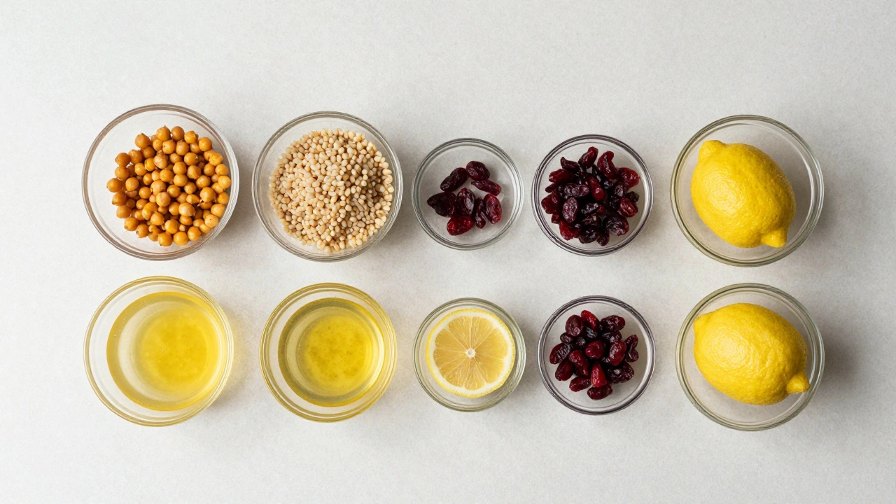 Kitchen counter with prepped salad ingredients in glass bowls.