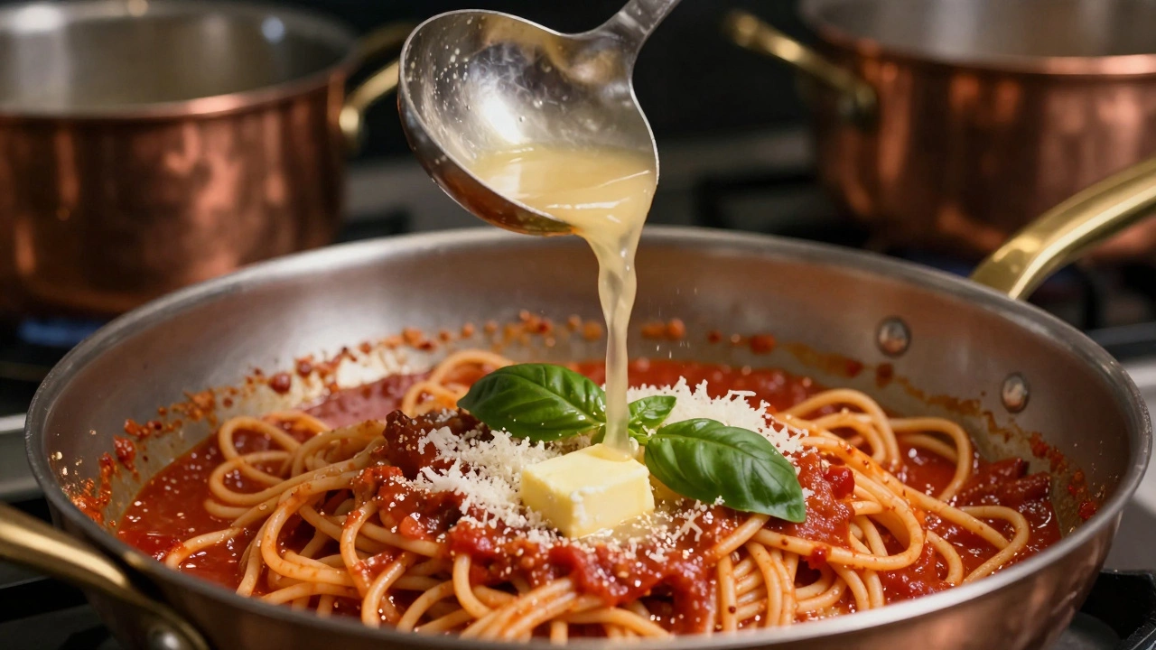 Pasta being tossed in a pan with sauce, butter melting, and starchy water being poured in.