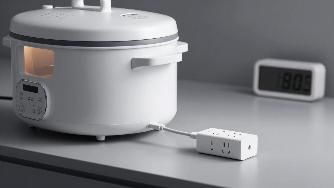 Smart plug connected to slow cooker representing automated safety timing features.