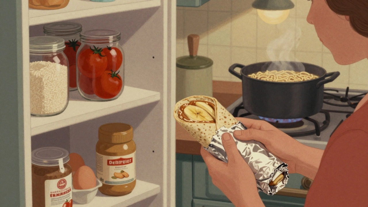 Someone eating a peanut butter banana wrap beside a well-stocked pantry.