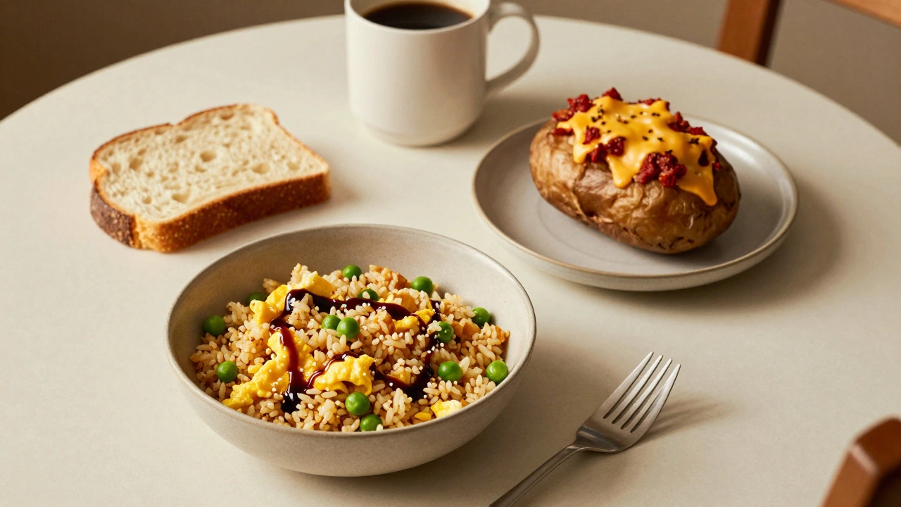 Two simple dinner bowls — egg fried rice and chili-topped potato — sit on a quiet dining table with a coffee mug nearby.