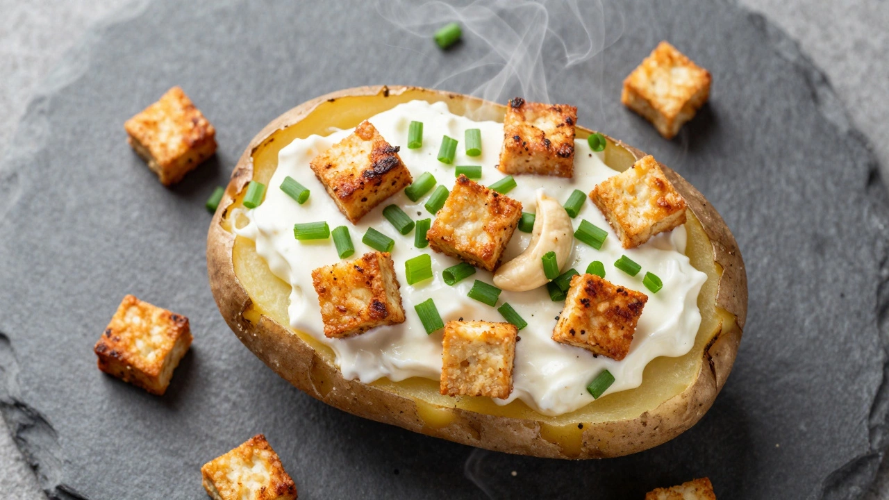 A baked potato topped with vegan cashew cream, chives, and crispy smoked tofu.