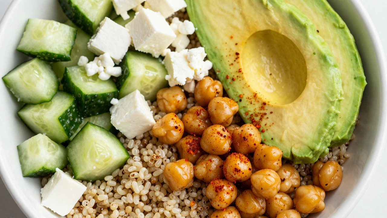 A colorful quinoa grain bowl with roasted chickpeas, avocado, cucumber, and feta cheese