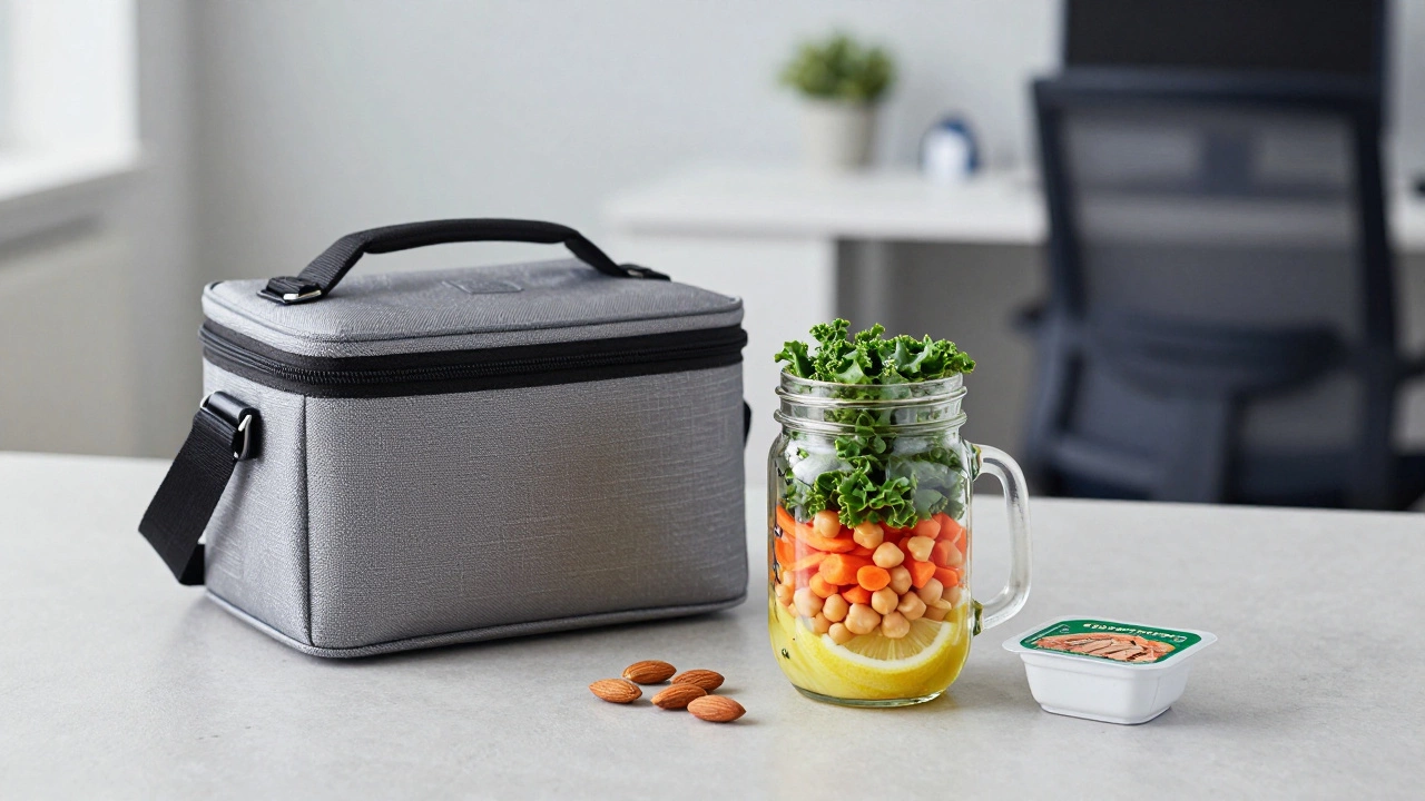 A layered mason jar salad and healthy snacks arranged on a professional office desk