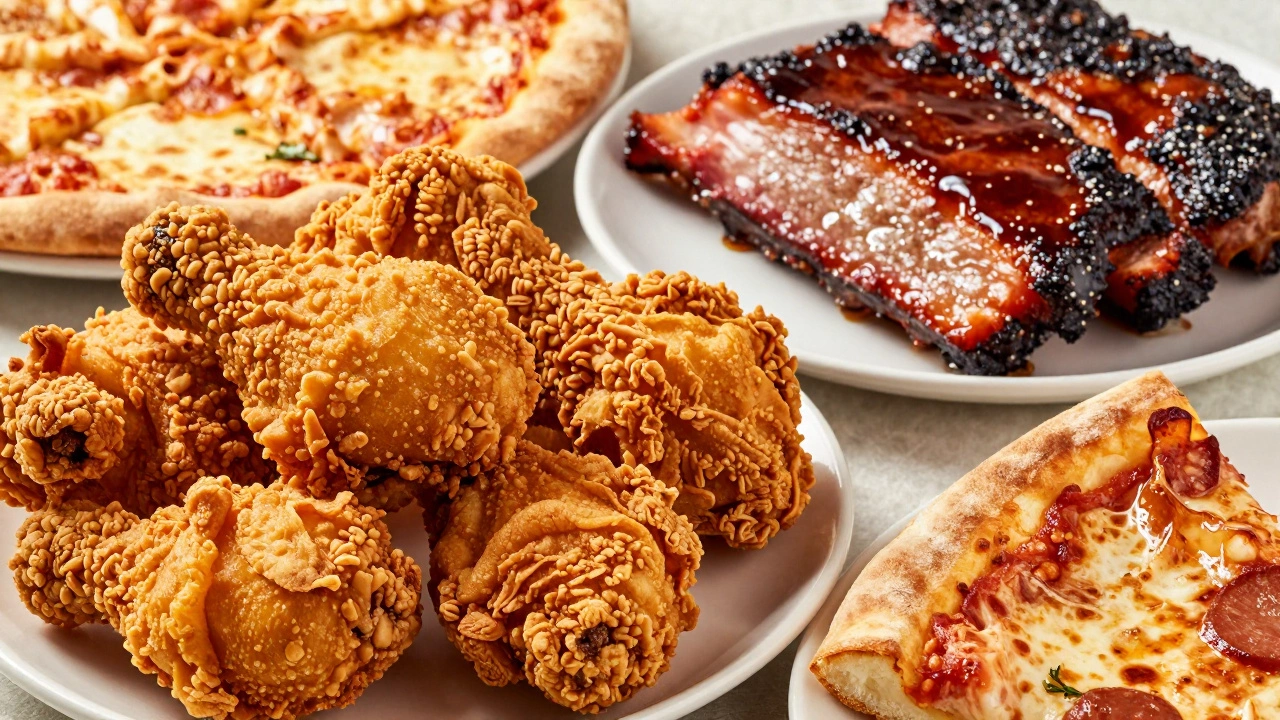 A platter featuring fried chicken, New York pizza, and smoked BBQ brisket