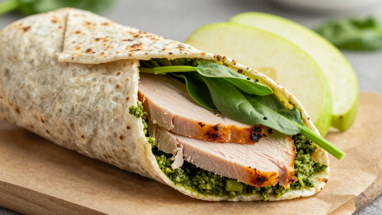 A sliced turkey-pesto wrap with spinach and apple slices on parchment paper