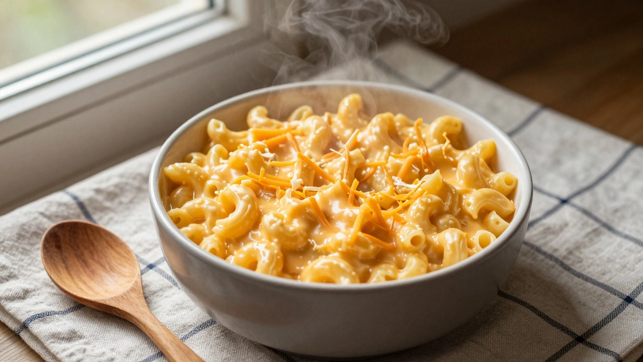 A steaming bowl of creamy homemade macaroni and cheese on a rustic table