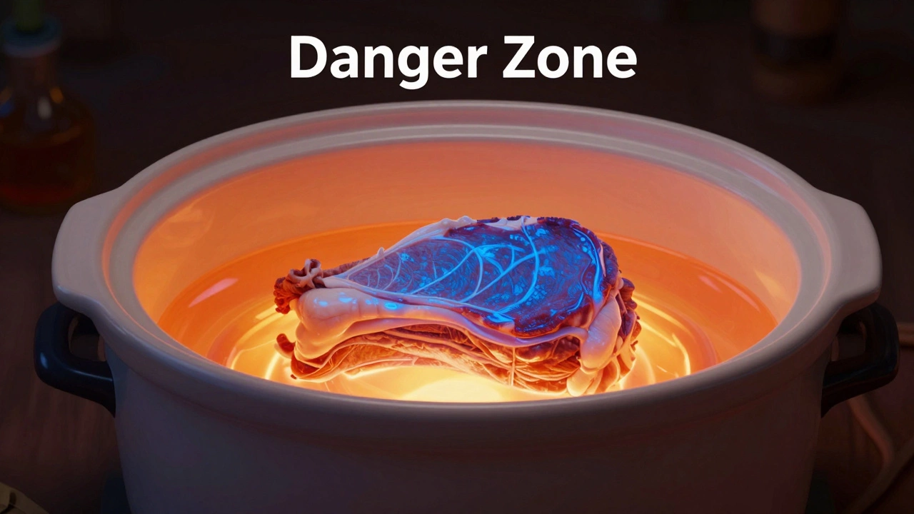 Conceptual diagram showing uneven heating and the temperature danger zone in a slow cooker