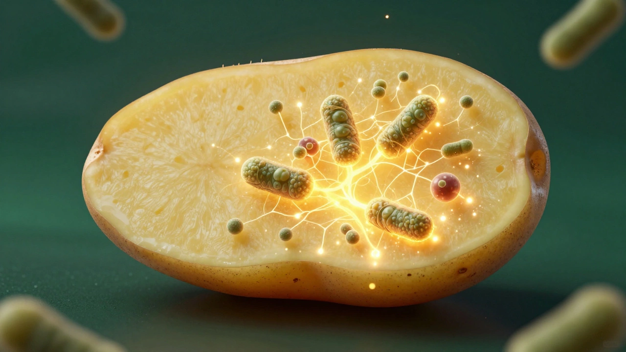 Conceptual glowing potato illustration representing gut health and resistant starch.