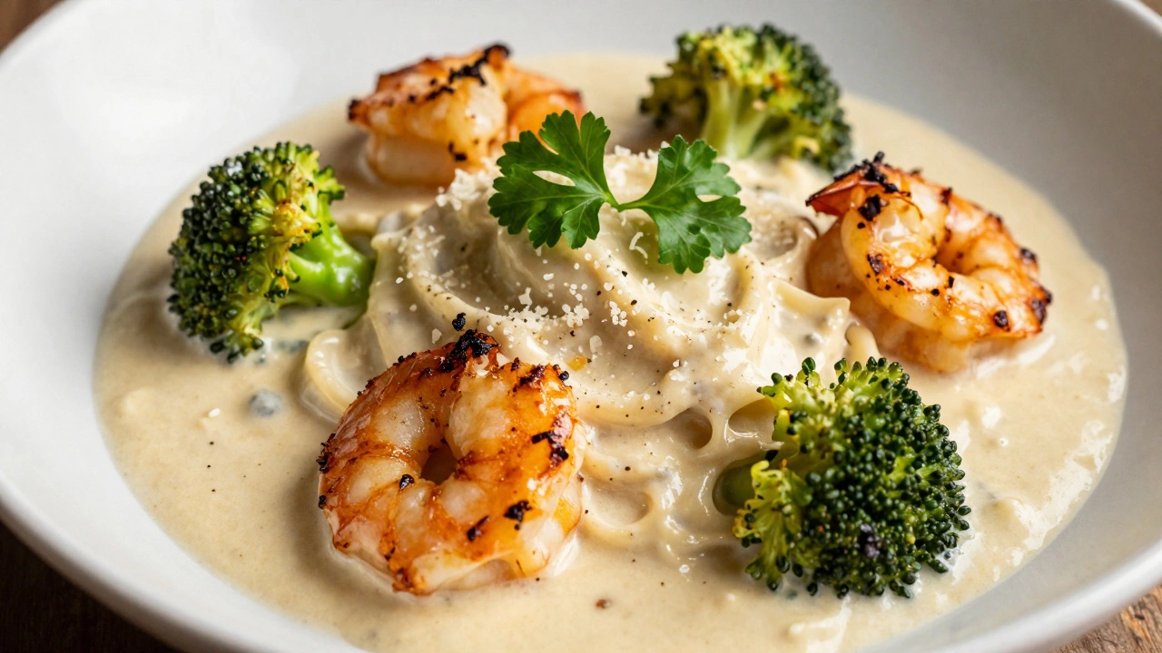 Creamy Alfredo pasta with seared shrimp, broccoli, and a sprinkle of Pecorino Romano cheese