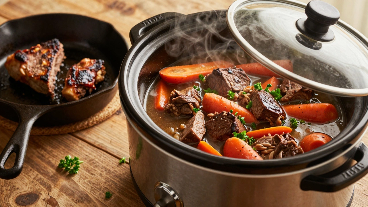 Finished beef stew in a slow cooker next to a seared meat skillet on a wooden counter