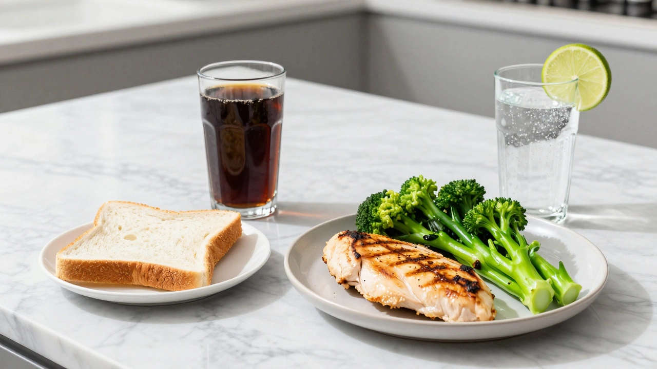 Healthy food swaps featuring grilled chicken and broccoli next to processed alternatives