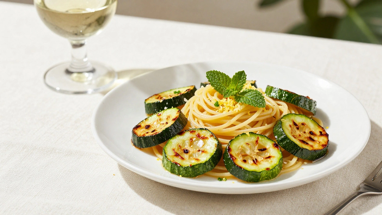 Linguine pasta with golden sautéed zucchini, lemon zest, and mint