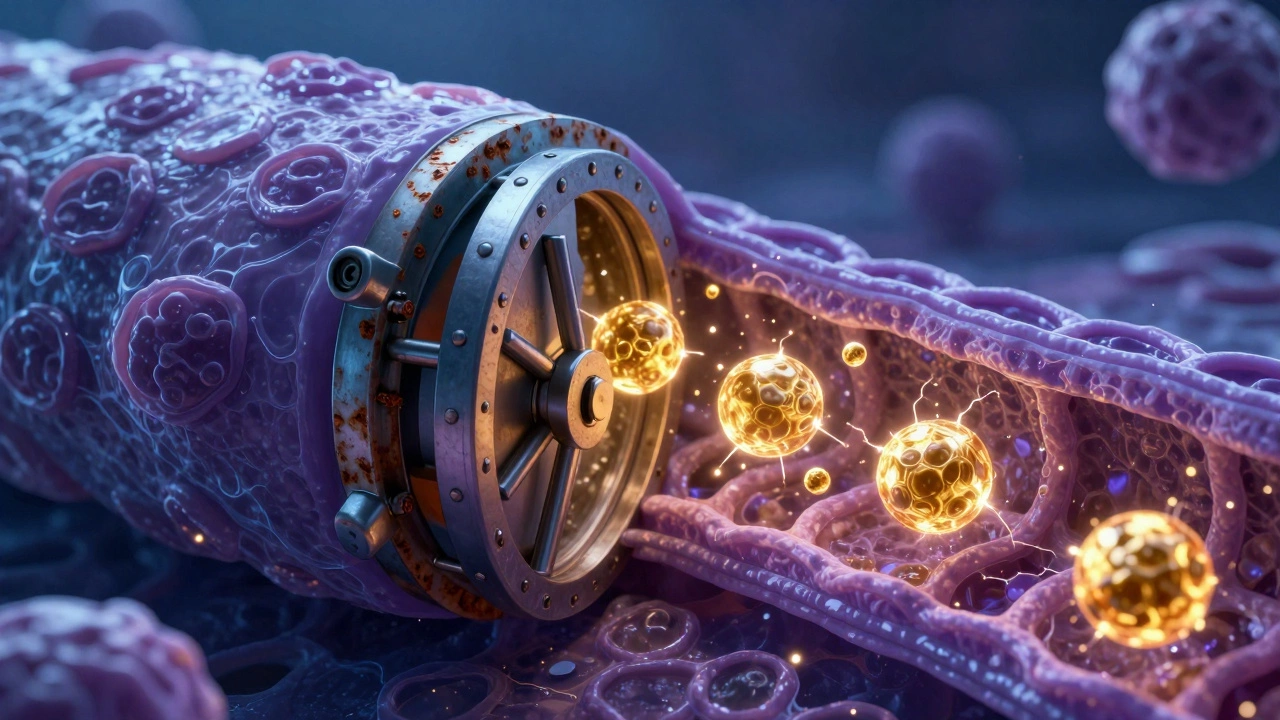 Microscopic view of golden glucose molecules unable to enter a locked cellular vault