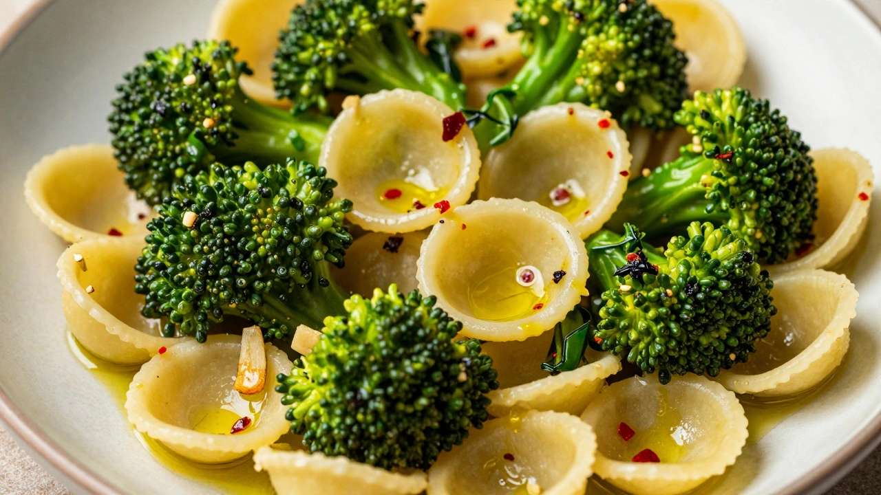 Orecchiette pasta with sautéed broccoli rabe, garlic, and chili flakes