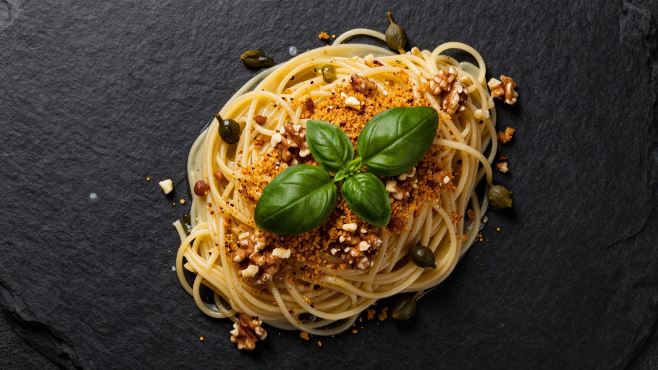 Pasta with olive oil, topped with toasted breadcrumbs, walnuts, and fresh basil leaves