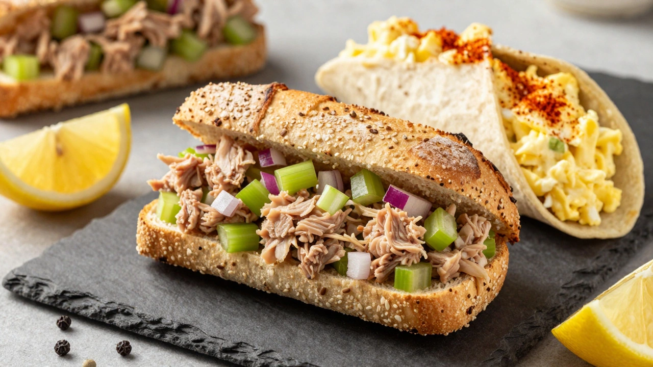 Tuna and egg salad sandwiches on multigrain bread and in a wrap