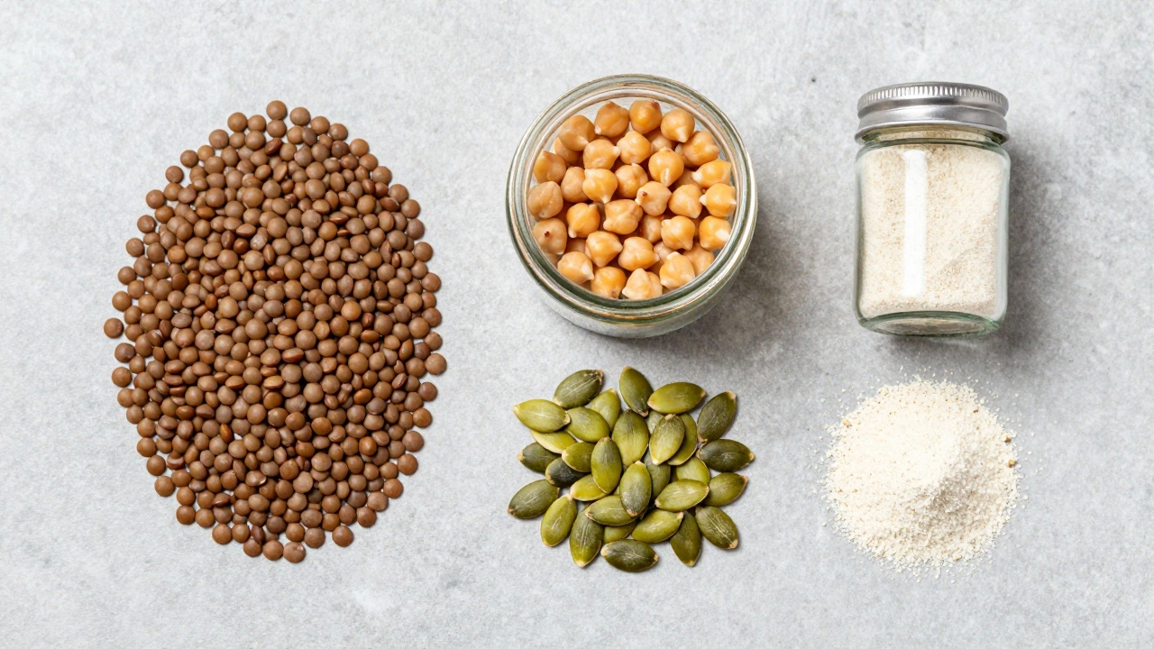 Arrangement of lentils, chickpeas, pumpkin seeds, and nutritional yeast.
