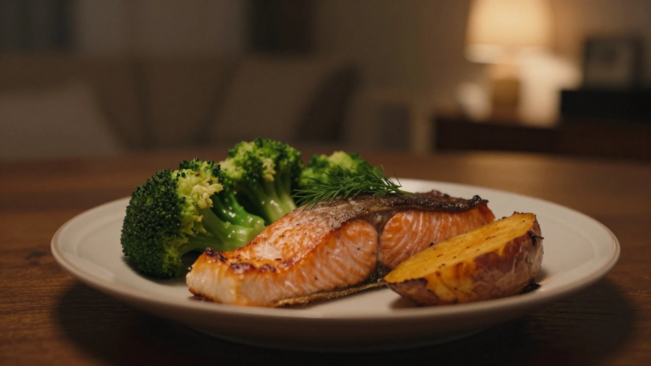 Baked salmon with broccoli and sweet potato on a plate in a cozy evening setting.